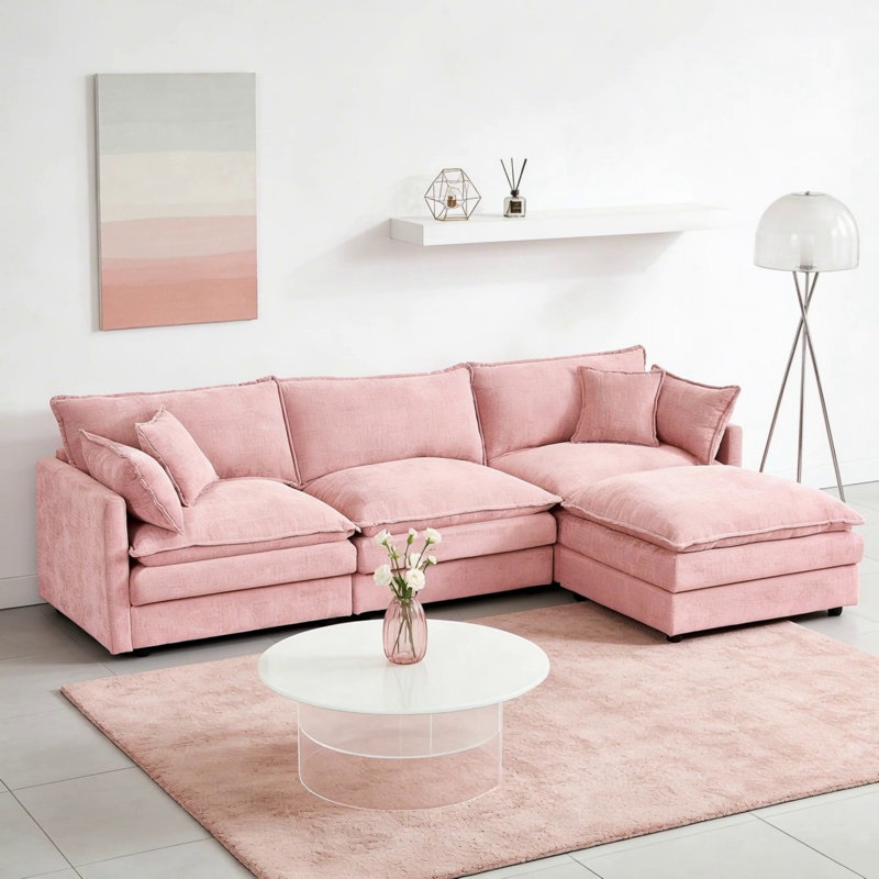3-Seater Comfy Cloud Couches With Movable Ottoman,L Shaped Couch Set,Modular Sectional Sofa, Pink