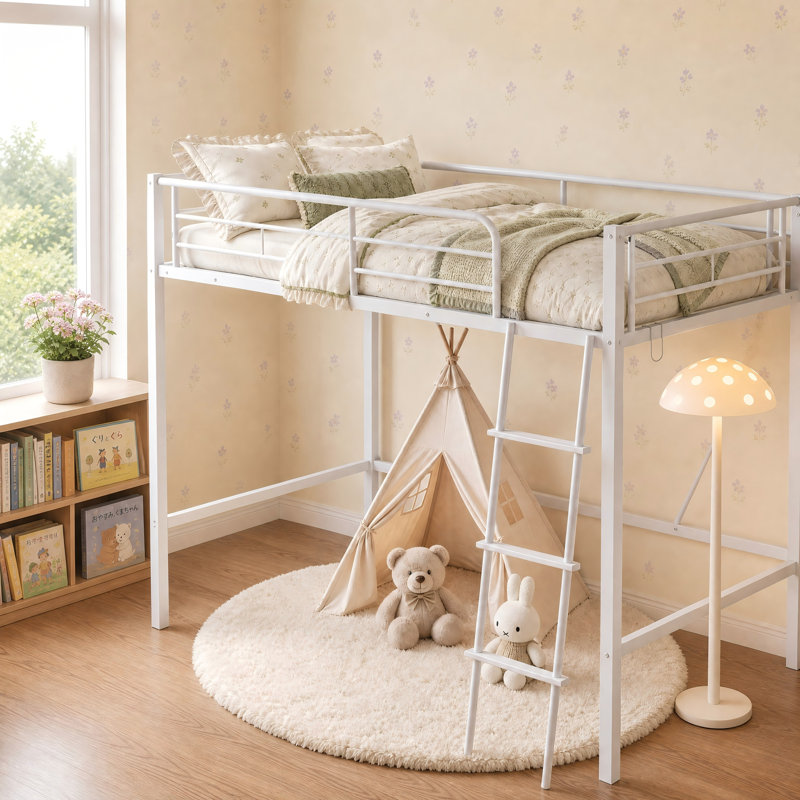 Lit mezzanine double robuste en acier, avec échelle amovible, barrière de sécurité complète et espace de rangement ouvert sous le lit. Sommier non requis. Blanc.