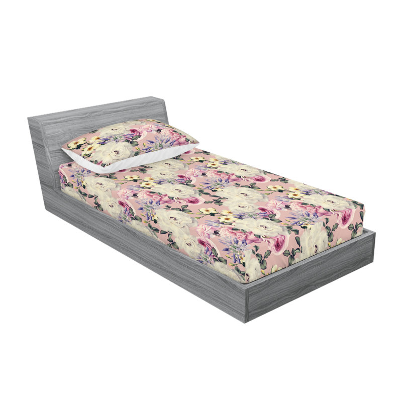 Drap-housse et taies décoratives 3 pièces Ambesonne, Ivoire / motif floral rose pastel