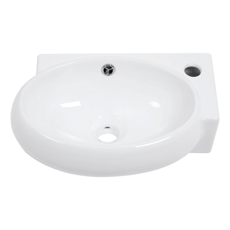 Lavabo de salle de bain mural en céramique, 16 po x 11 po, blanc, lisse, aux taches et aux acides, fixation blanche moderne, rebord à teinture