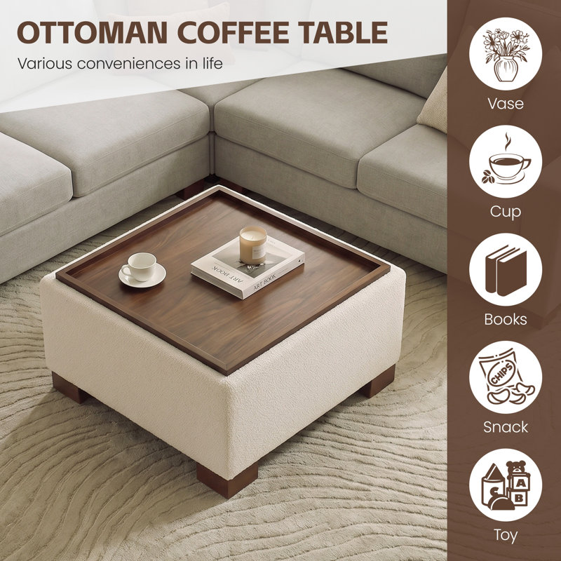 Repose-pieds de rangement l 29,1 po avec plateau en bois, H 15,4 po x l 29,1 po x P 29,1 po, Beige bouclé