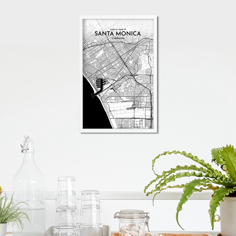 Santa Monica, carte de la ville, impression, H 17 po x l 11 po, Noir et blanc