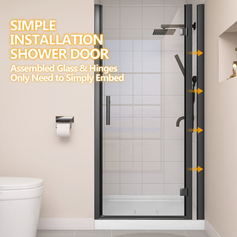 34-35.25" W X 72" H Pivot Frameless Swing Shower Glass Door With Clear Tempered Glass, Right Opening, Matte Black