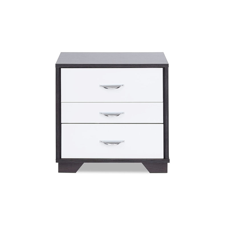 White And Black Rectangular Nightstand With 3 Drawers For Bedroom - Contemporary Style