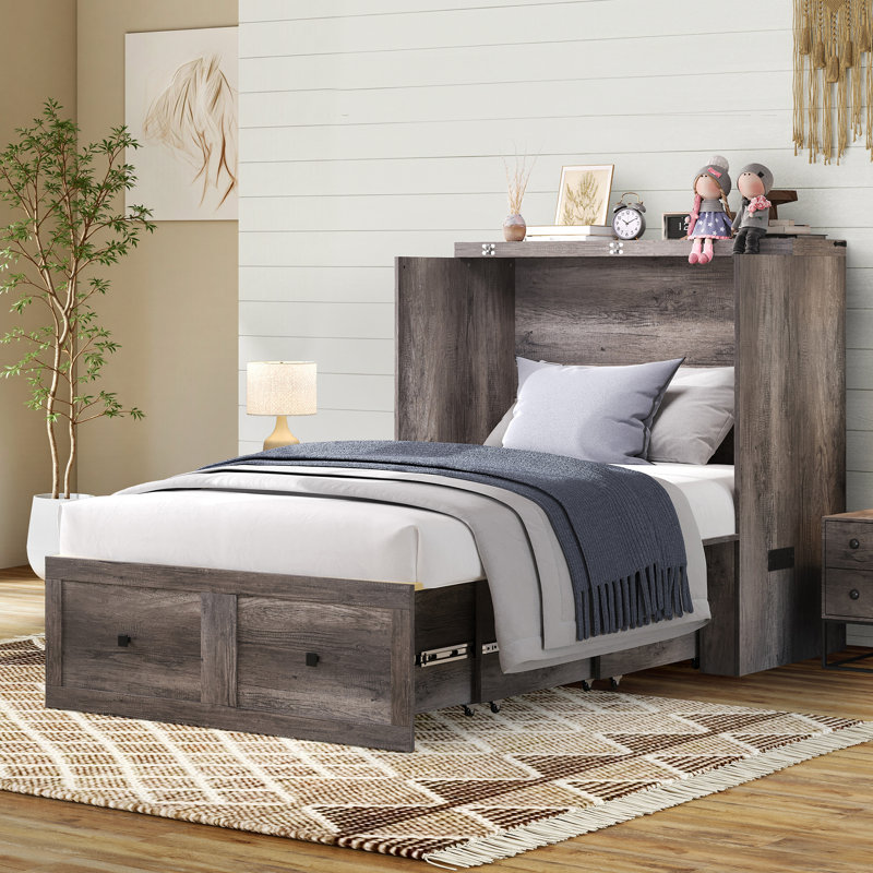 Lit escamotable complet Wilkinson Farmhouse avec grand tiroir de rangement et station de charge, gris, gris
