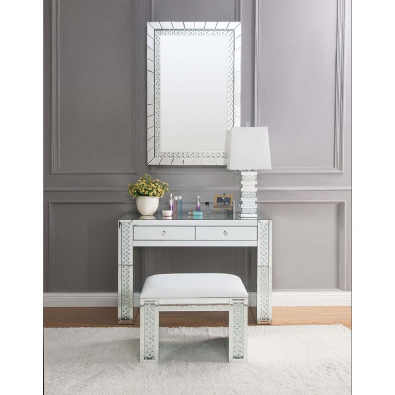 Coiffeuse Nysa, miroir et faux cristaux, Miroir et faux cristaux (2 tiroirs)