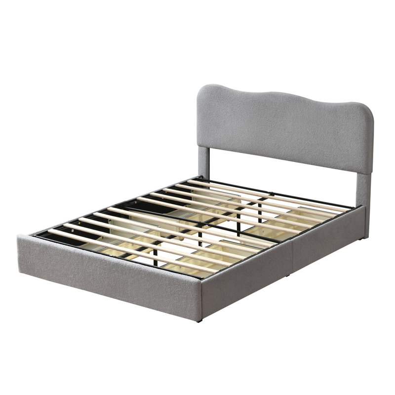 Curved Headboard Boucle Upholstered Platform Storage Bed With 4 Drawers,Gray,Queen, Gray, Queen