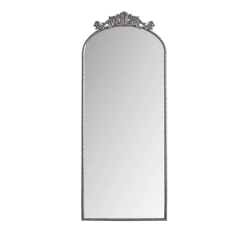 58"x24" Arched Full Body Mirror with Vintage Ornate Carved Applique on Top, Hanging Wall Mounted Mirror, Antique Silver