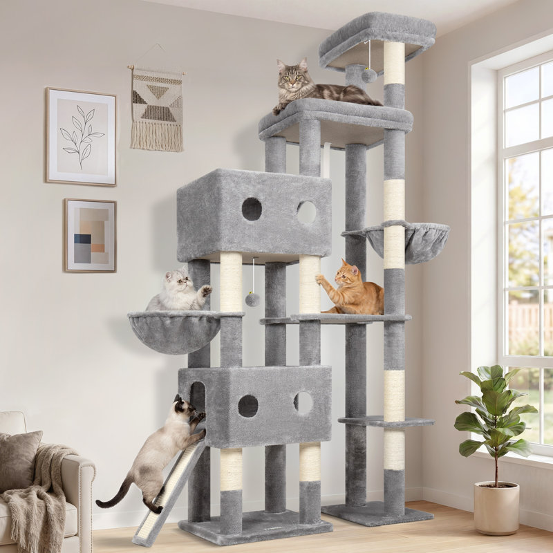 Tour pour arbre à chat multi-niveaux de 84 pouces de hauteur avec 9 poteaux à griffer en sisal, 2 condos pour chat, hamac et perchoir moelleux surdimensionné - idéale pour les chats d'intérieur