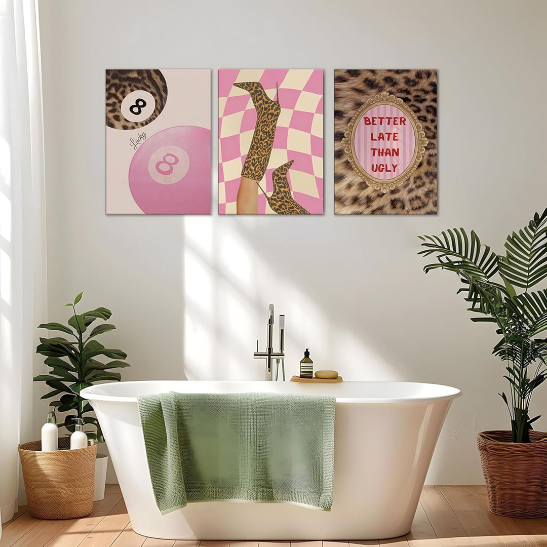 Framed Pink Leopard Print Wall Art Set Of 3, Trendy Fashion Lucky 8 Ball Canvas Posters Painting, Coquette Preppy Aesthetic Y2K Funky Wall Decor Pictu