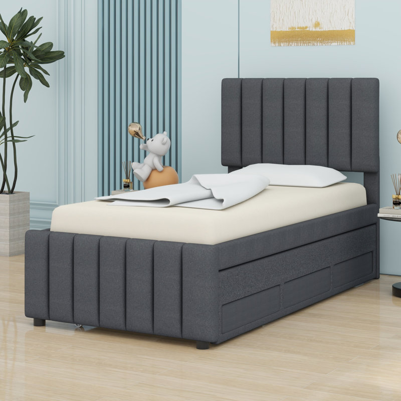 Lit plateforme tapissier avec lit gigogne et tiroirs, Gris, Lit simple