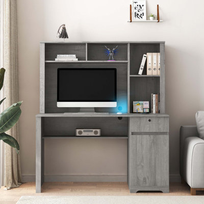 Bureau d'ordinateur avec huche et bibliothèque, bureau de direction pour adolescents, bureau d'écriture pour ordinateur portable avec tiroirs, 3 prises CA et 2 ports de charge USB, table d'ordinateur portable pour la maison