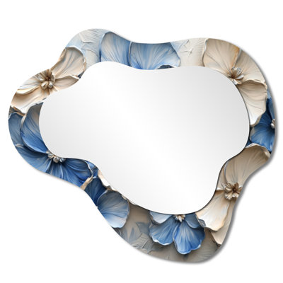 Velours crème bleu Rhododendron Path I - miroir décoratif asymétrique rhododendron, miroir mural traditionnel irrégulier, imprimé sur métal