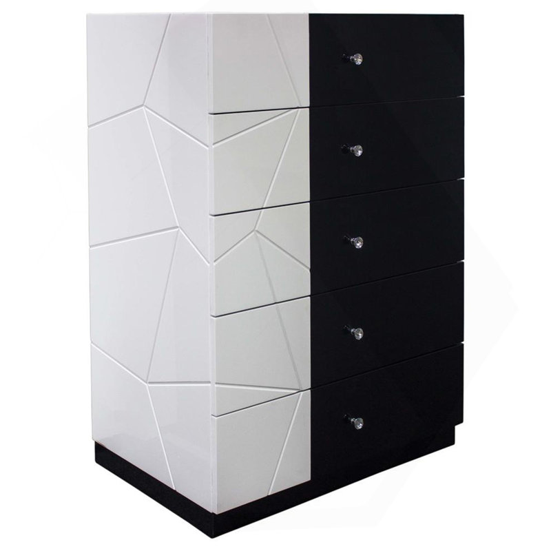 Unité de rangement moderne à 5 tiroirs avec commode en bois laqué moderne, organisateur de vêtements, motif géométrique et poignée en cristal, noir / blanc