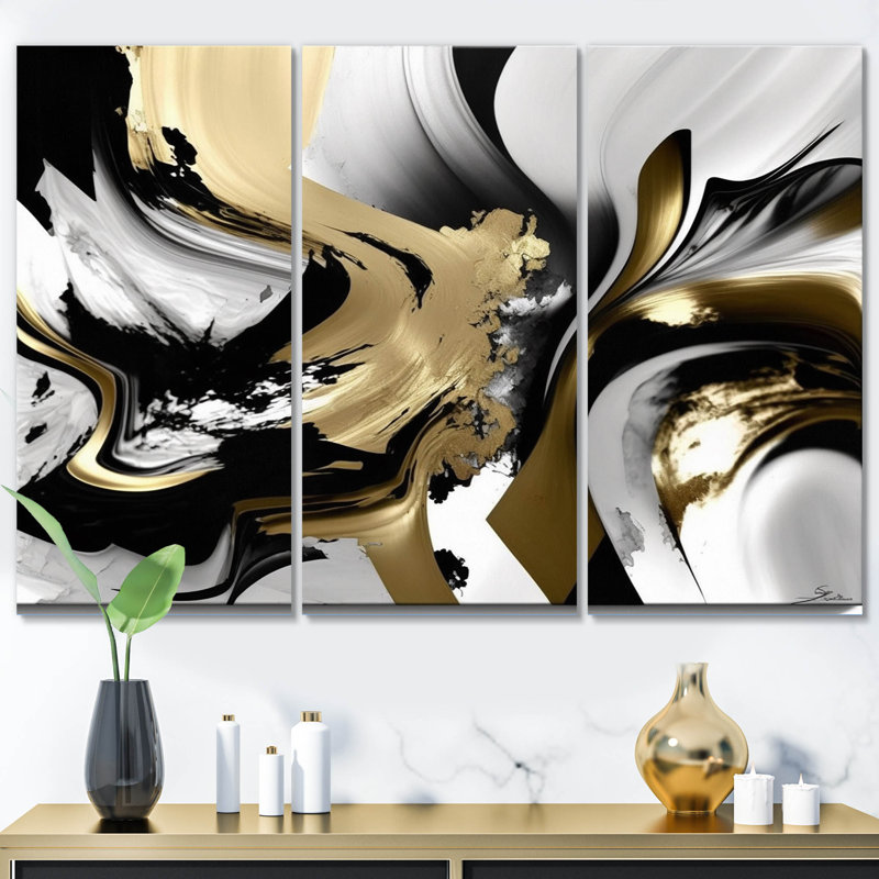 Wild Wave Bliss abstrait or blanc noir V 3 pièces, H 28 po x l 36 po x P 1 po