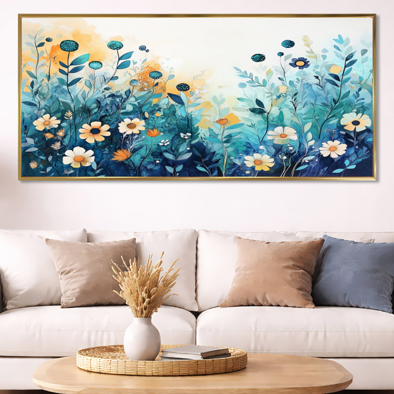 Art printanier, prairie printanière, H 28 po x l 60 po, Cadre flottant doré