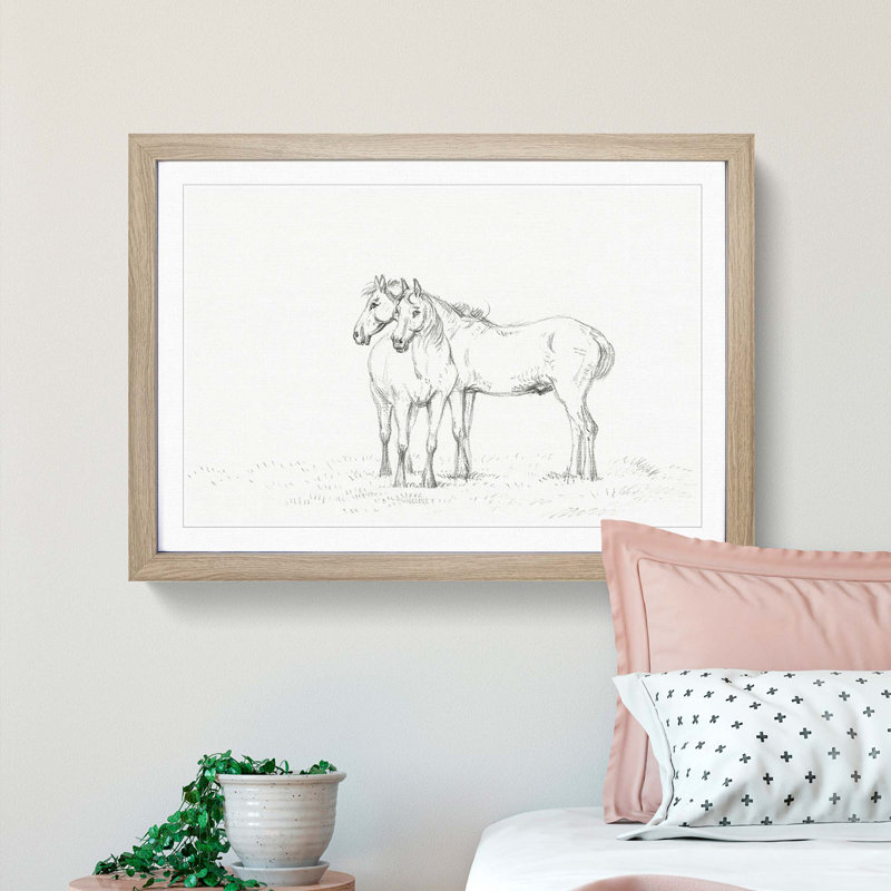 Sketch of Two Horses by Jean Bernard - Picture Frame Drawing Print, 36cm H x 48cm W x 2cm D, Oak Framed