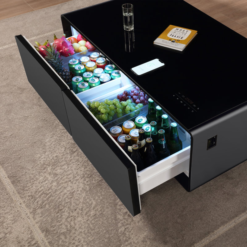 Table basse intelligente avec deux tiroirs réfrigérés et haut-parleurs Bluetooth avec éclairage RVB et chargement sans fil
