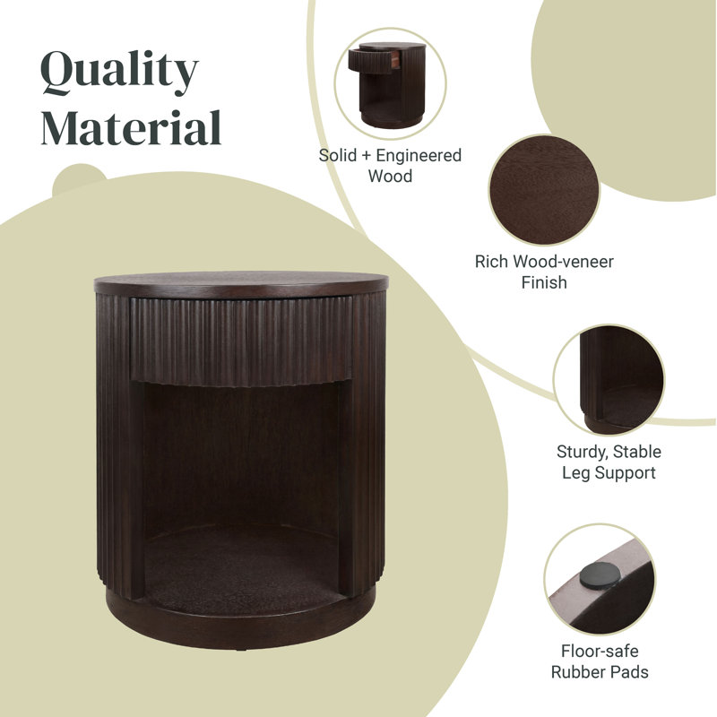 Truro Fluted Nightstand With 1 Drawer And Open Shelf, Dark Brown