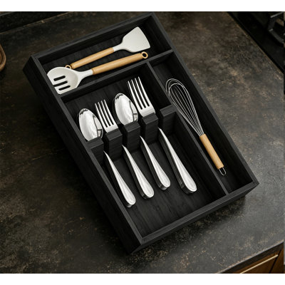 Bamboo Silverware Organizer Kitchen Utensil Drawer Silverware Tray Fixed Slots Black