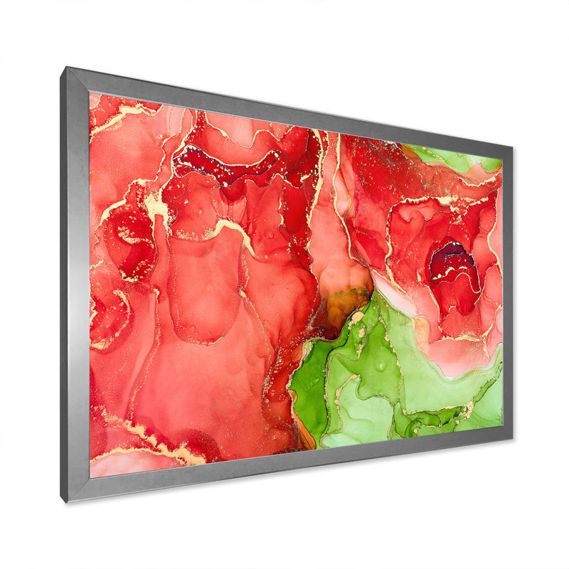 «Red and Green Luxury Abstract Fluid», peinture sur toile, H 30 po x l 40 po x P 1,5 po, Cadre photo argenté