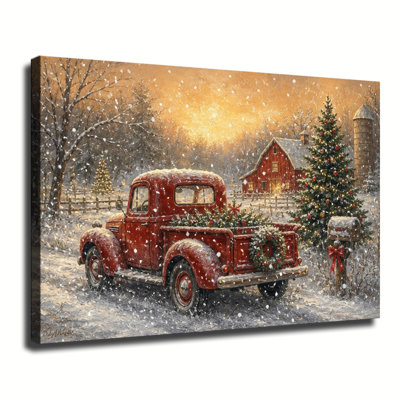 Vintage Red Pickup Truck With Christmas Tree Snowy Barn Canvas Wall Art, Rustic Winter Farm Holiday Oil Painting Print For Home Wall Art