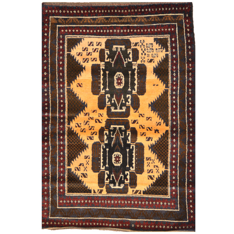 Tapis intérieur de la laine 2 pi 10 po x 4 pi 4 po noué la 1990 one-of-kind-à la main