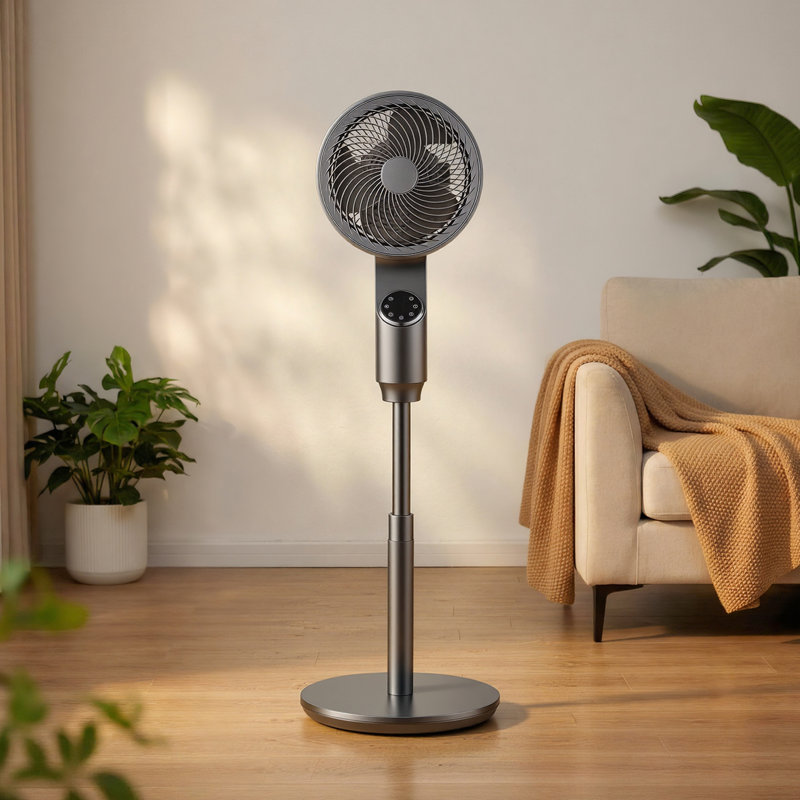 Ventilateur sur pied de 23 cm (9 pouces), oscillant à 80°, avec moteur CC silencieux, 9 vitesses et 4 modes intelligents, minuterie 24 h, télécommande, hauteur réglable, chambre, salon, gris argenté