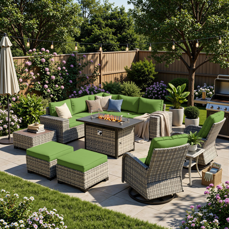 12-Piece Outdoor Modular Sectional Patio Conversation Set With Fire Pit Table, Swivel Rocker Chairs & Ottomans, Lime Green
