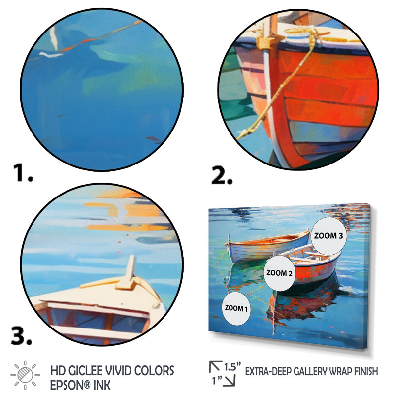 «Boat Harmonic Waters» - Art mural bateau, H 24 po x l 32 po x P 1 po, Cadre flottant blanc