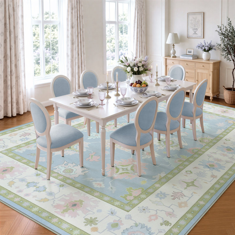 Boho Oushak Area Rugs, Washable Non-Slip Rugs, Oriental Floral Soft Thin Indoor Carpet, Blue Pink, Rectangle 8' x 10'