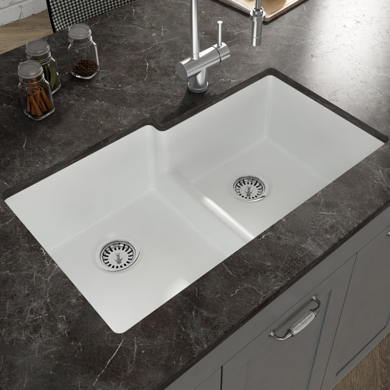 Yorkshire 33" L x 19.7" W Double Basin Undermount Kitchen Sink with Basket Strainer