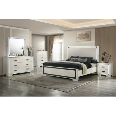 Elegant Pearl White Modern 5-piece Bedroom Set, Upholstered Led Headboard & Solid Wood Queen-size Bed, 4-Drawer Chest, 6 Drawer Dresser With Mirror, 2 Drawer Nightstand All With Led