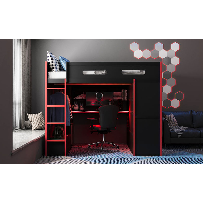 Red Full Size Gamer Loft Bed With Desk, , And Storage Shelves For Personal Belongings Cable Management Pc Tower, Red
