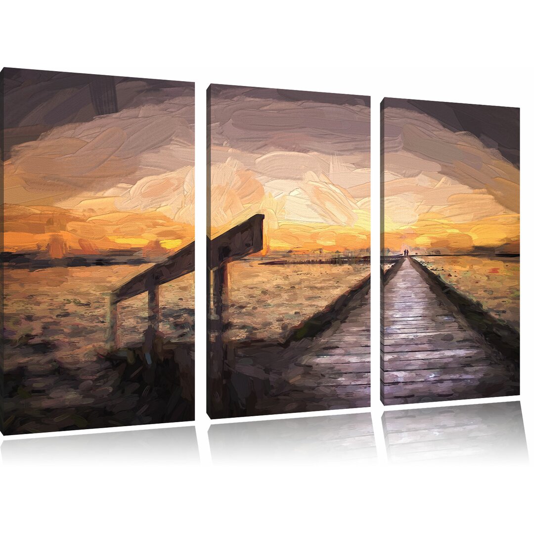 3-tlg. Leinwandbilder-Set „Langer Steg im Sonnenuntergang an der Nordsee“, Grafikdruck