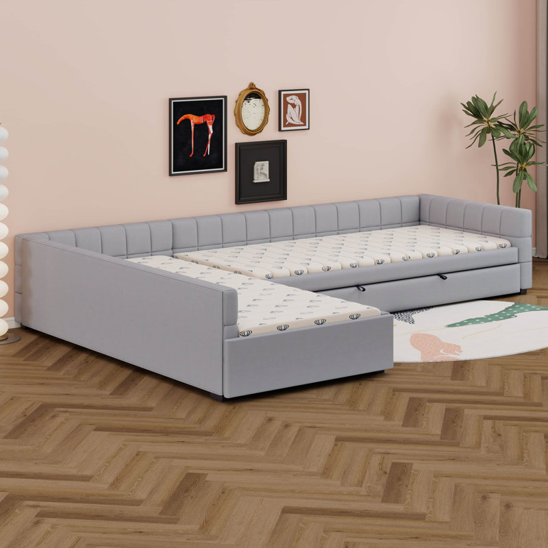 Lit plateforme en L avec lit gigogne, lit de jour rembourré avec tiroir de rangement, 3 lits en 1, Gray