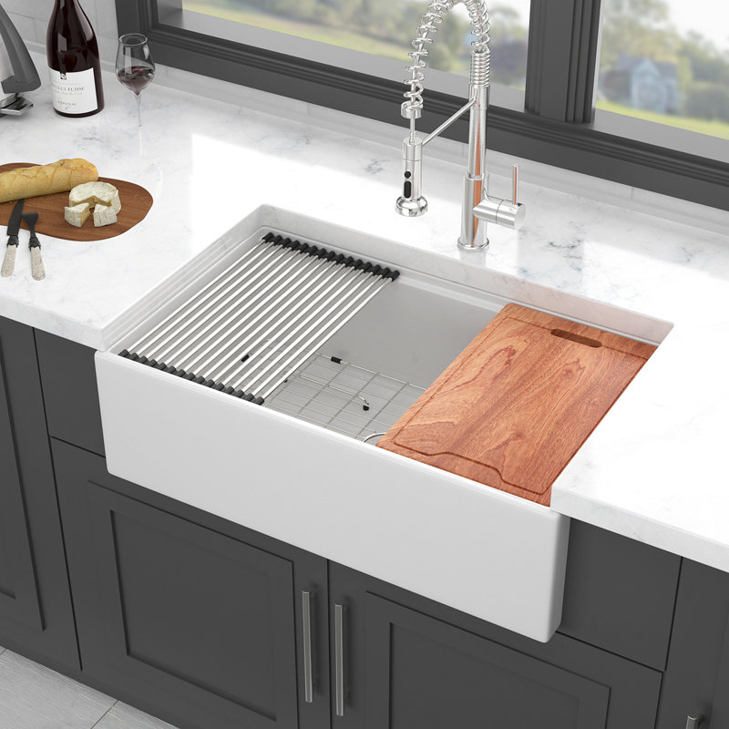 30X20 Inch White Farmhouse Sink Workstation - Ceramic Single Bowl Farm Kitchen Sink