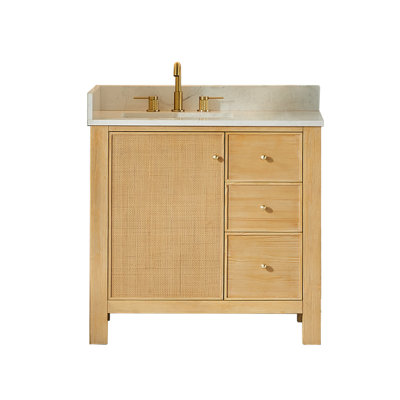 Cisca 36" Single Bathroom Vanity in Natural Wood with Grain White Engineered Stone Countertop without Mirror