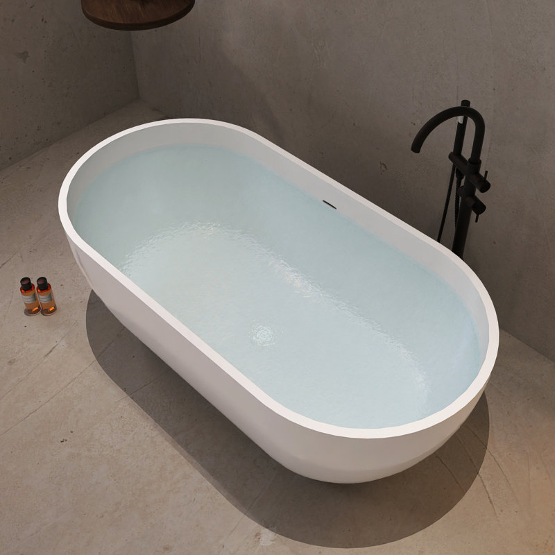 63 in. Freestanding Soaking Solid Surface Bathtub, Gloss White