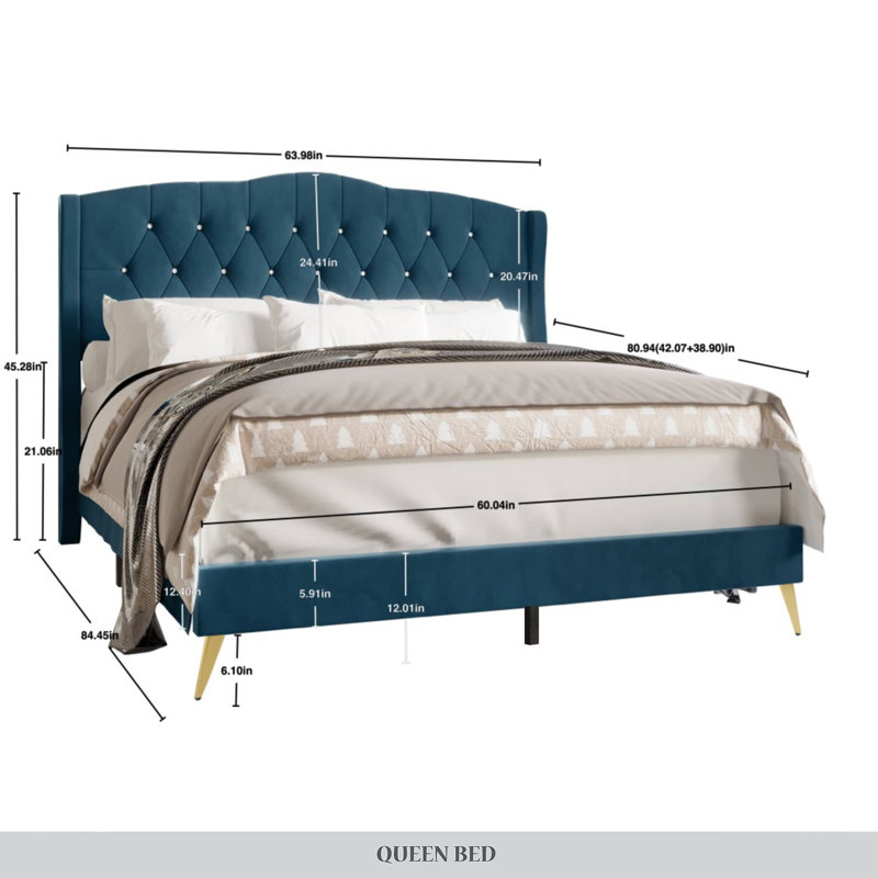 Dwaylon Upholstered Wingback Bed, Navy Blue, Twin