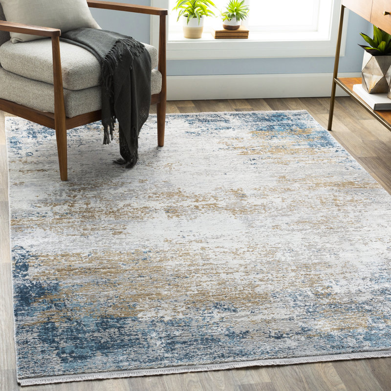 Tapis bleu ciel / bleu foncé tissé à la machine Bannock, Rectangle 12 pi x 15 pi