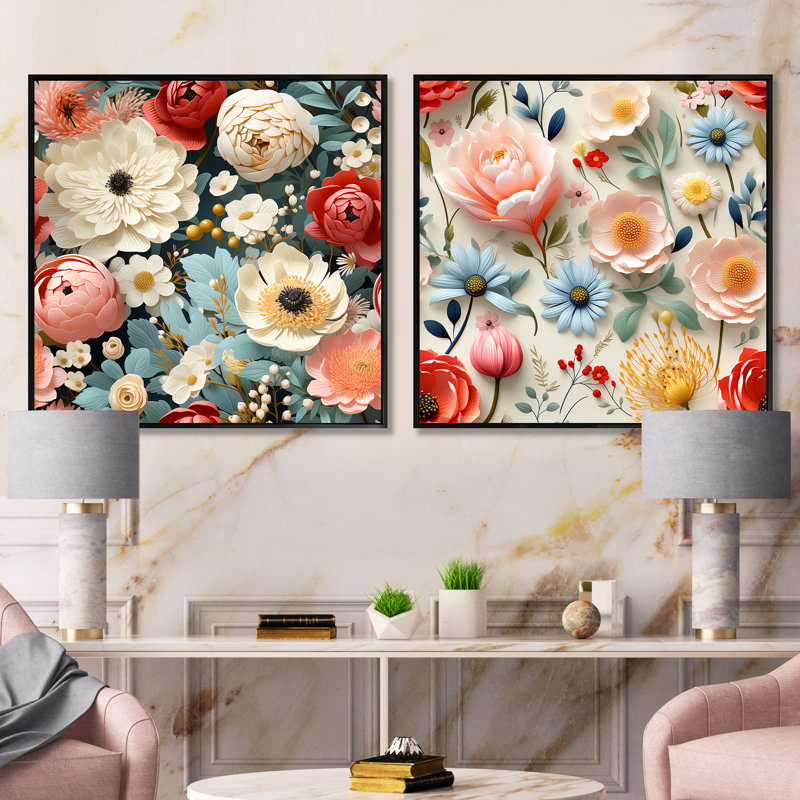 Flavio - Ensemble de 2 collages carrés floraux, Cadre flottant noir, H 16 po x l 33 po