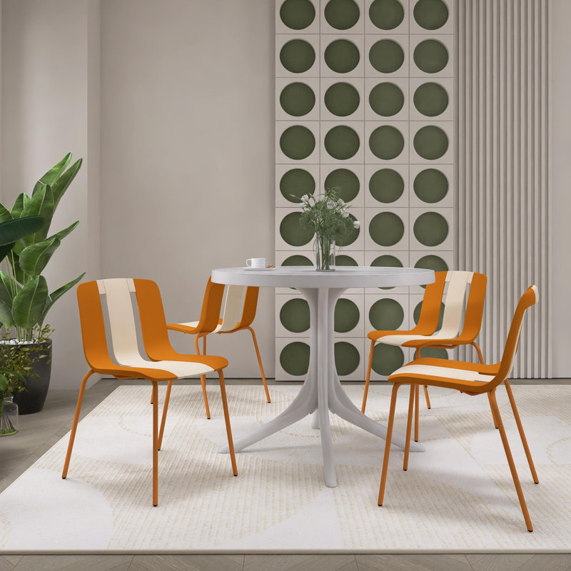 Indoor/Outdoor PP Plastic Chairs With Sturdy Metal Legs (Set Of 4), Orange/Beige
