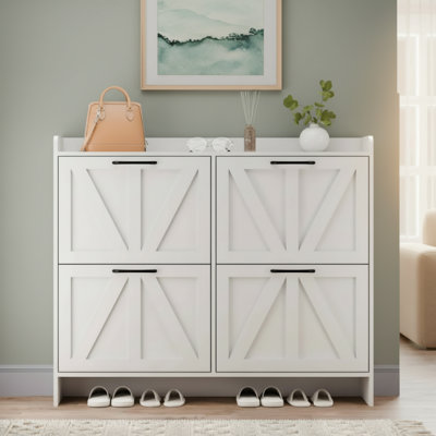 White Slim Entryway Shoe Cabinet, 4 Flip-Up Drawers, Wooden Legs, Freestanding Design.