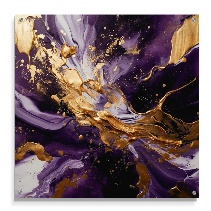 Keneilwe - Mauve et or liquide Magic III abstrait, art mural acrylique moderne, H 16 po x l 16 po