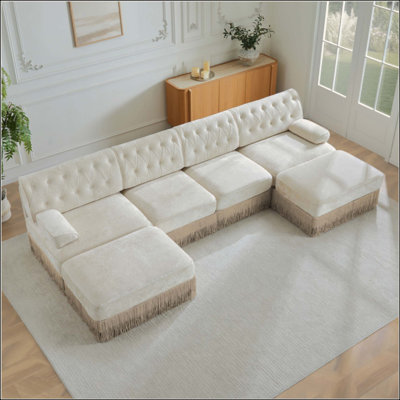 Canapé modulaire à 4 places avec 2 repose-pieds modulaires en nuage, jupe à pampilles, conception capitonnée, mousse haute résilience à haute densité, conception ergonomique, base en bois de qualité supérieure, pour chambre à coucher