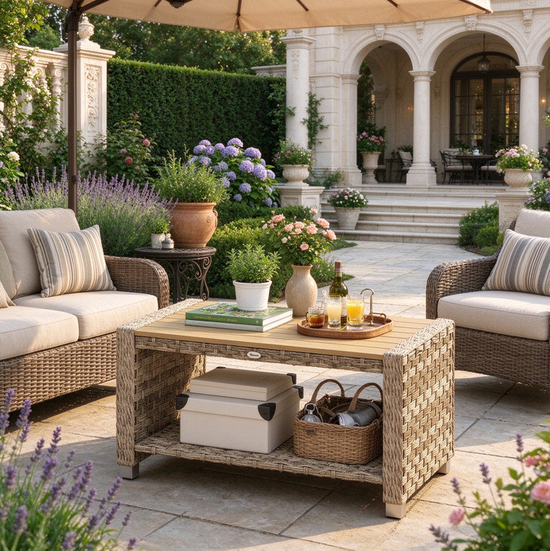 Weather Resistant Rattan Coffee Table with Storage Shelf for Outdoor Living