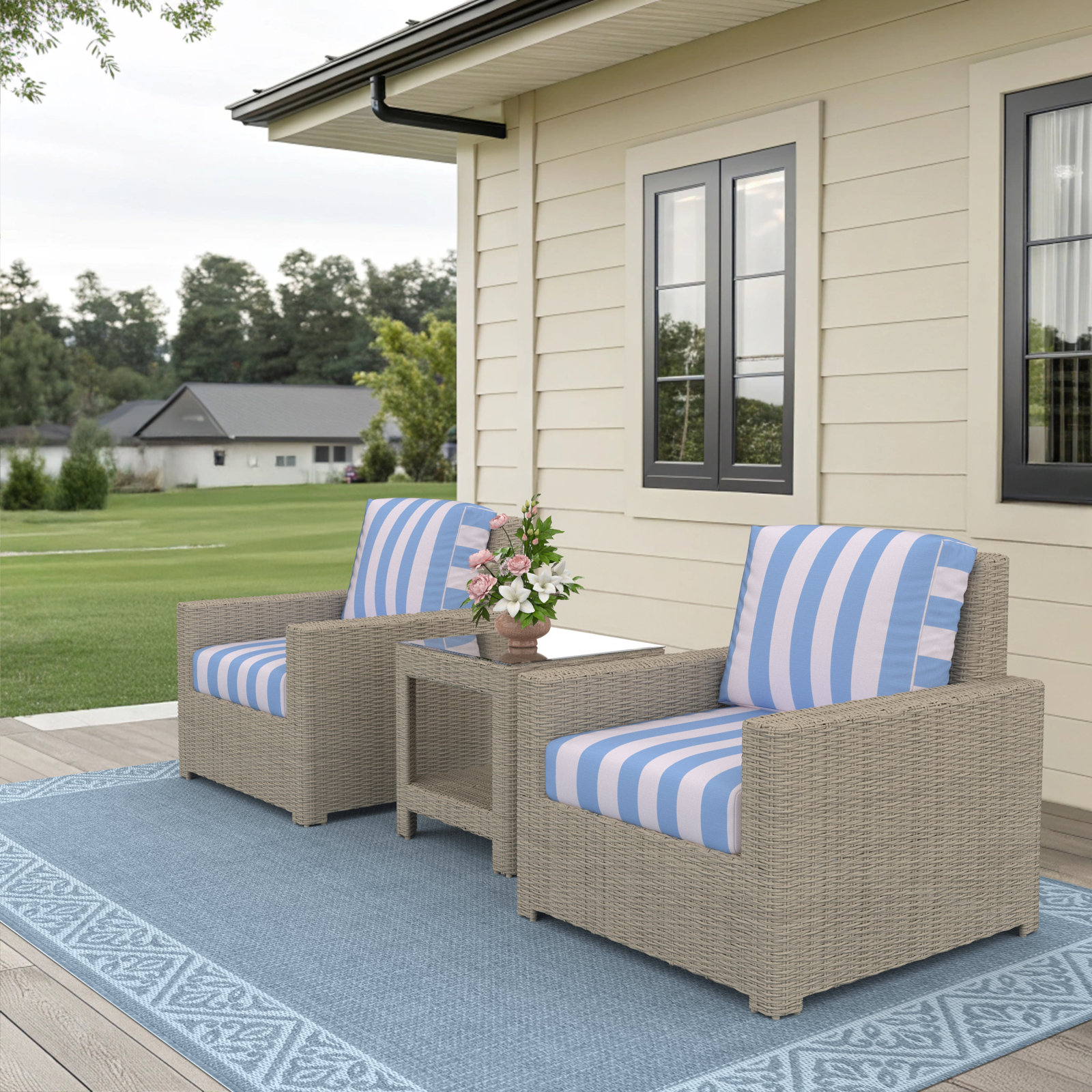 Outdoor Patio Lounge Chair With End Table Set And Sunbrella Cushions, Refuge Ocean