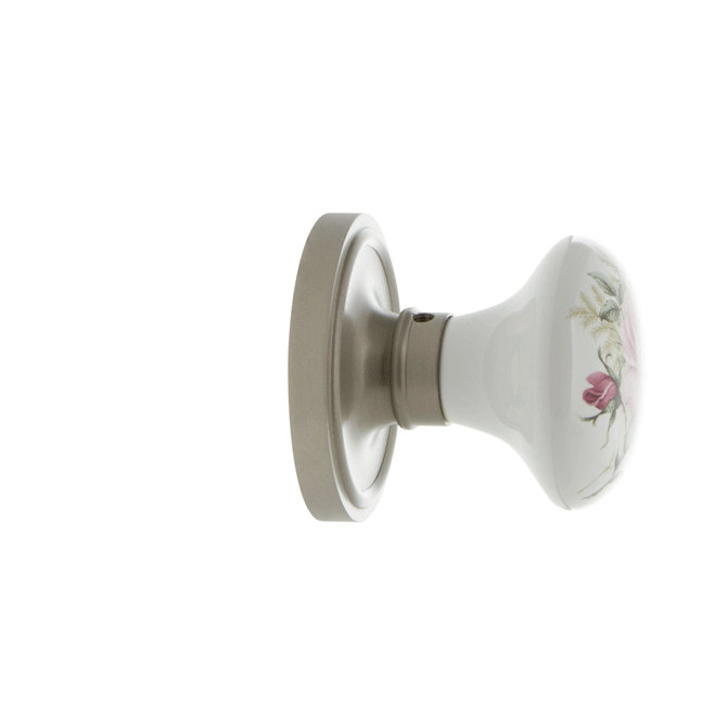 Rosette classique avec bouton de porte en porcelaine blanche, Nickel satiné