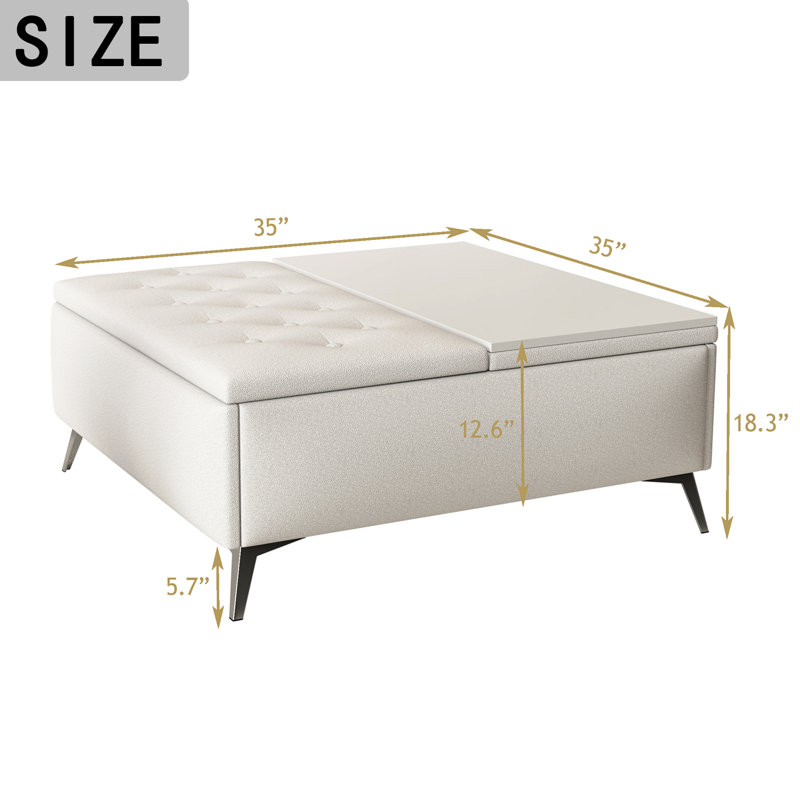 35 Inch Wide Square Storage Benches Coffee Table, Beige Top/Black Base